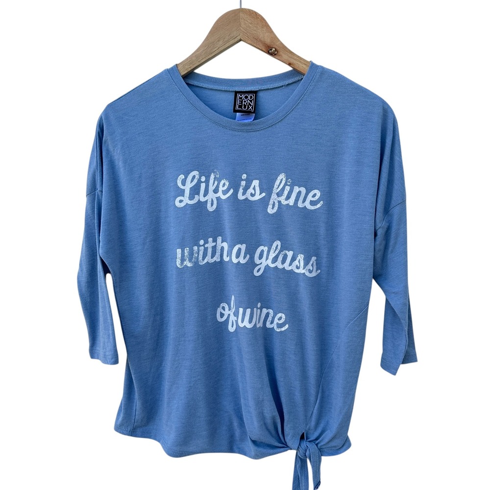 Modern Lux Tee Shirt Blue Top Life is Fine with Wine Graphic Tie 3/4 Sleeve XS